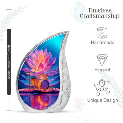 Icy Blue Drums Cremation Urn angled view of lid and engraved motif - flowing teardrop drums silhouette on curved aluminum - mini keepsake memorial for portion of cremation ashes