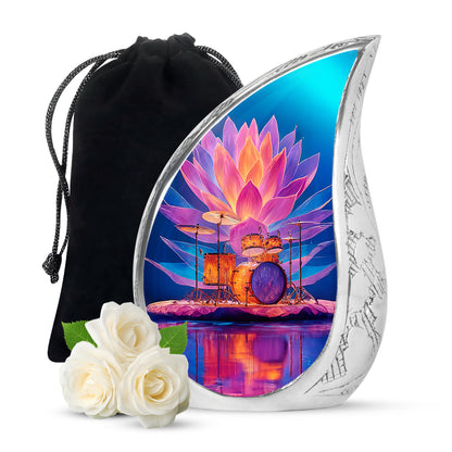 Pastel Blue Drums Cremation Urn front view showing detailed design - rounded teardrop drums design with delicate detail - full-size 10 inch 200 cubic inch adult cremation urn