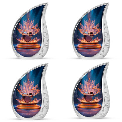 Indigo Drums Cremation Urn close-up of engraving and surface detail - flowing teardrop drums silhouette on curved aluminum - 10 inch aluminum urn for cremated remains