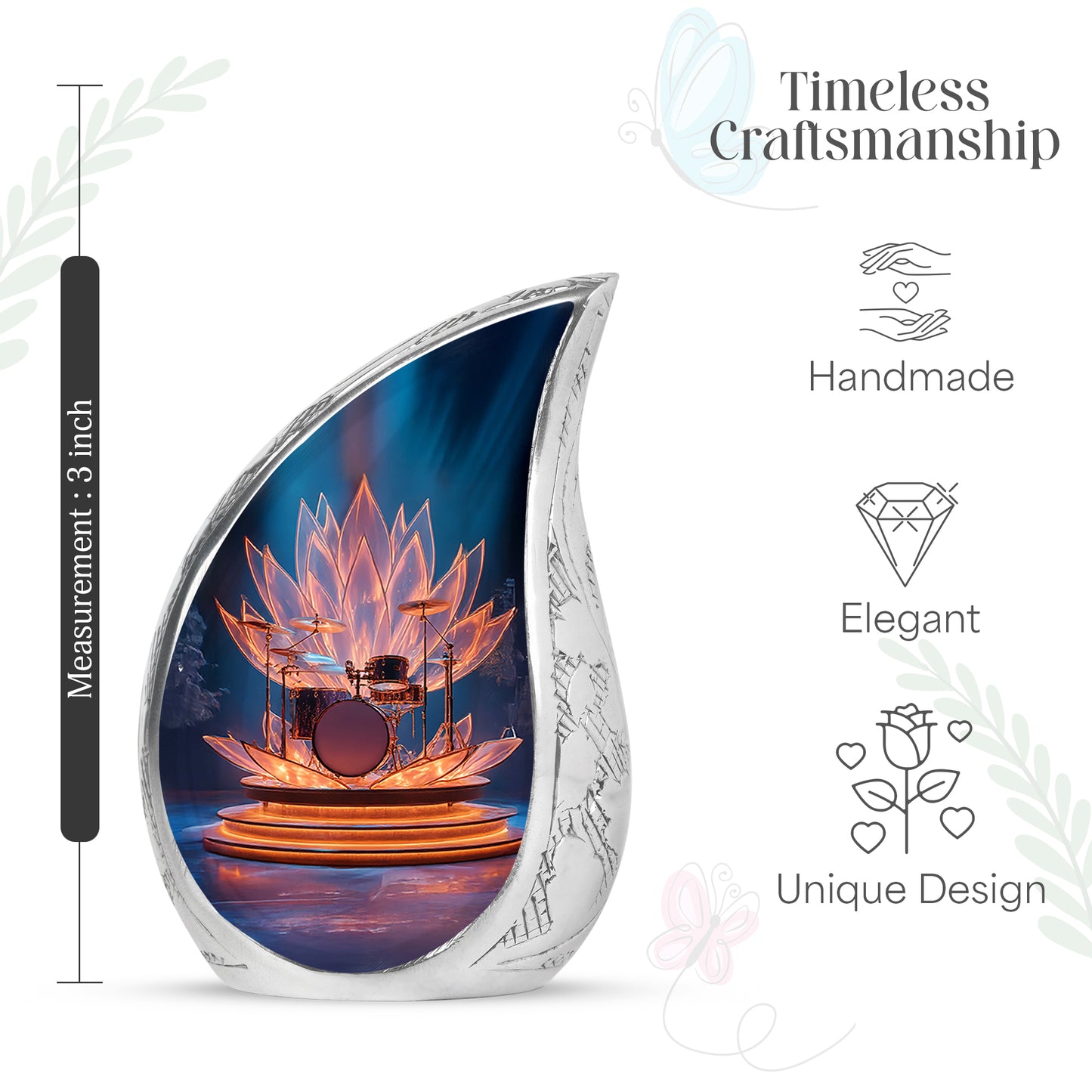 Azure Drums Cremation Urn angled view of lid and engraved motif - rounded teardrop drums design with delicate detail - mini keepsake memorial for portion of cremation ashes