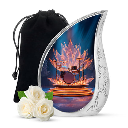 Serene Blue Drums Cremation Urn front view showing detailed design - smooth teardrop contour featuring drums art - full-size 10 inch 200 cubic inch adult cremation urn