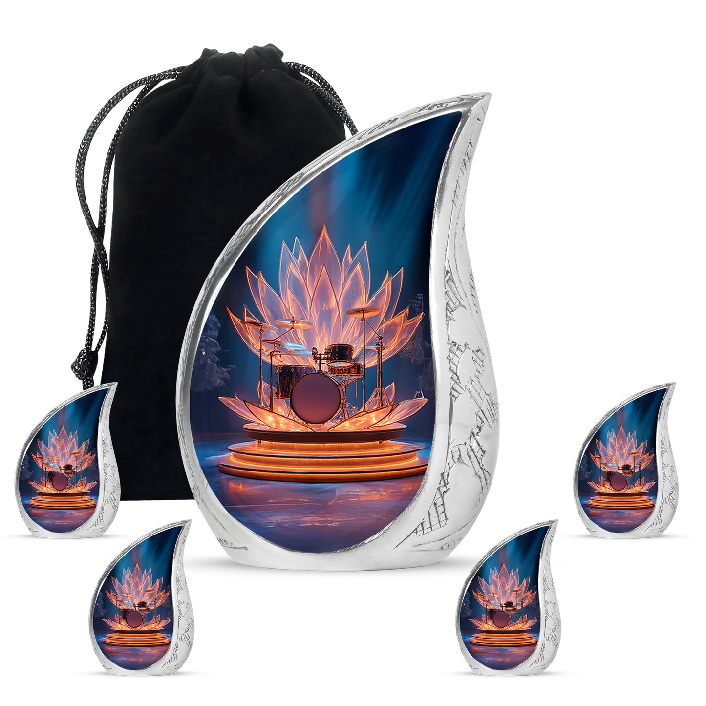 Vivid Blue Drums Cremation Urn side profile showing urn shape - graceful tear-shaped urn with drums motif - memorial set with one large and four small urns