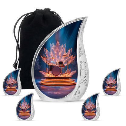 Vivid Blue Drums Cremation Urn side profile showing urn shape - graceful tear-shaped urn with drums motif - memorial set with one large and four small urns