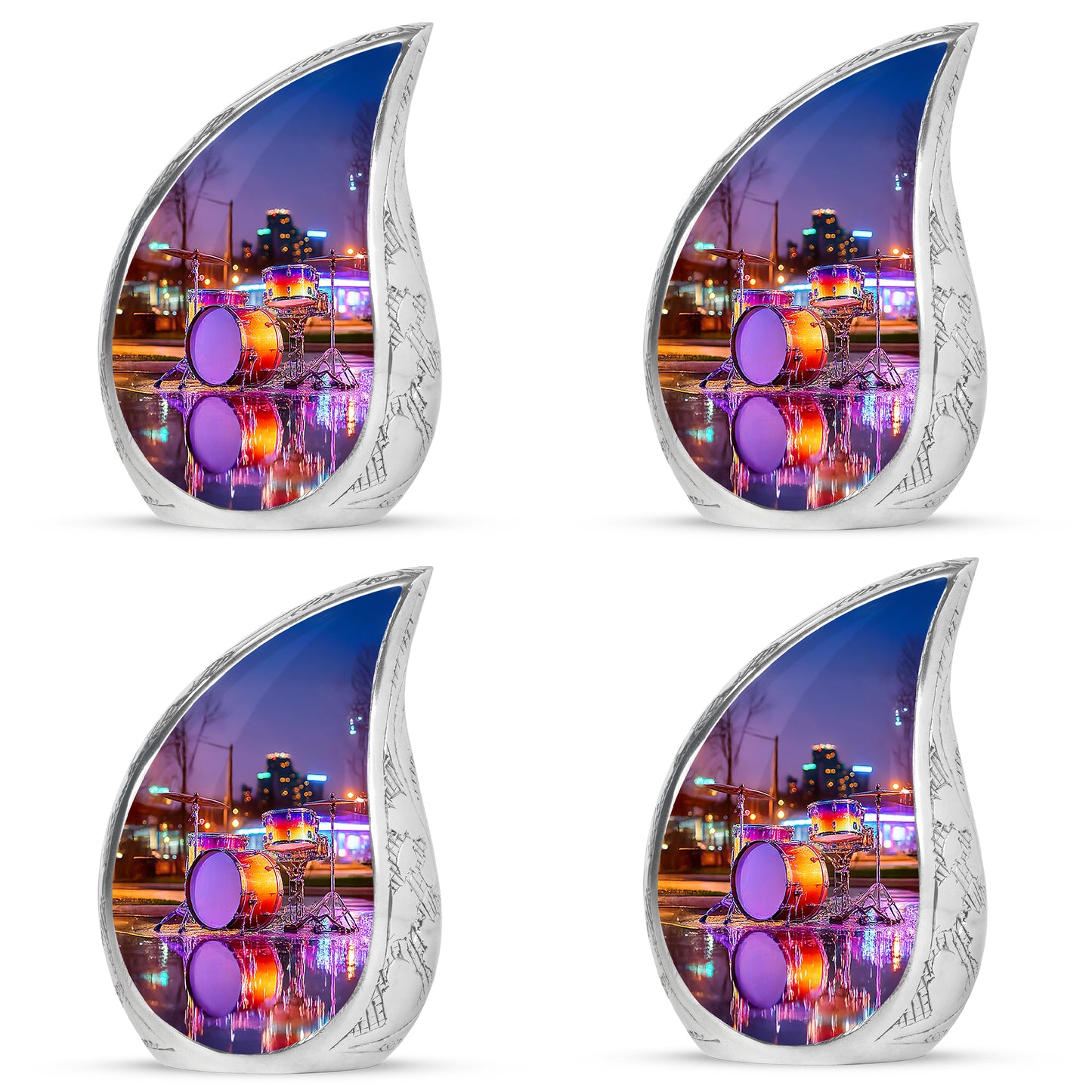 Powder Blue Drums Cremation Urn close-up of engraving and surface detail - flowing teardrop drums silhouette on curved aluminum - 10 inch aluminum urn for cremated remains