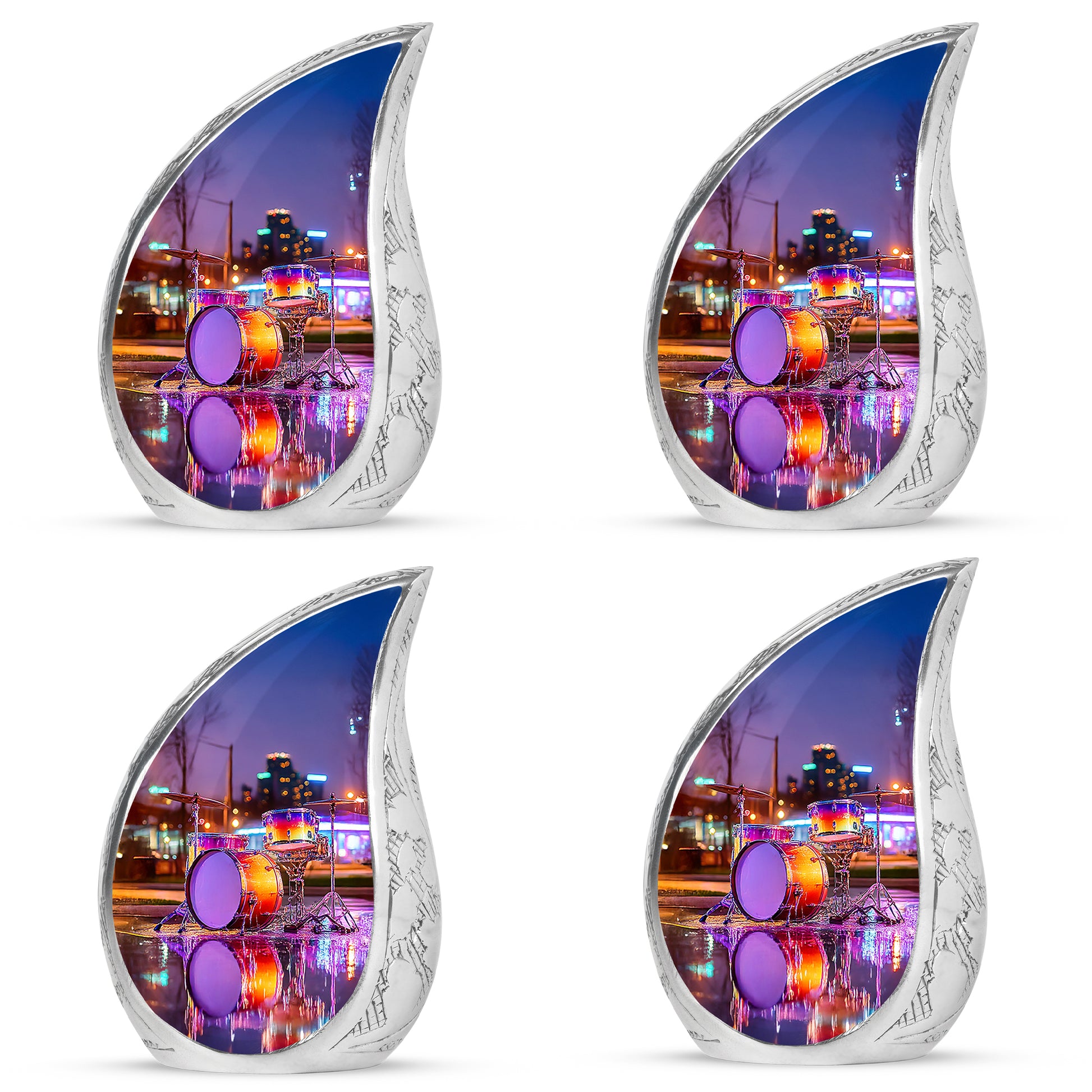 Powder Blue Drums Cremation Urn close-up of engraving and surface detail - flowing teardrop drums silhouette on curved aluminum - 10 inch aluminum urn for cremated remains