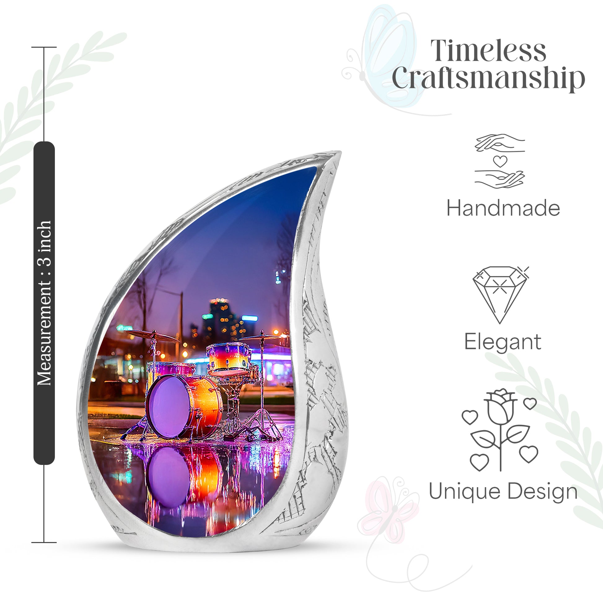 Icy Blue Drums Cremation Urn angled view of lid and engraved motif - flowing teardrop drums silhouette on curved aluminum - mini keepsake memorial for portion of cremation ashes