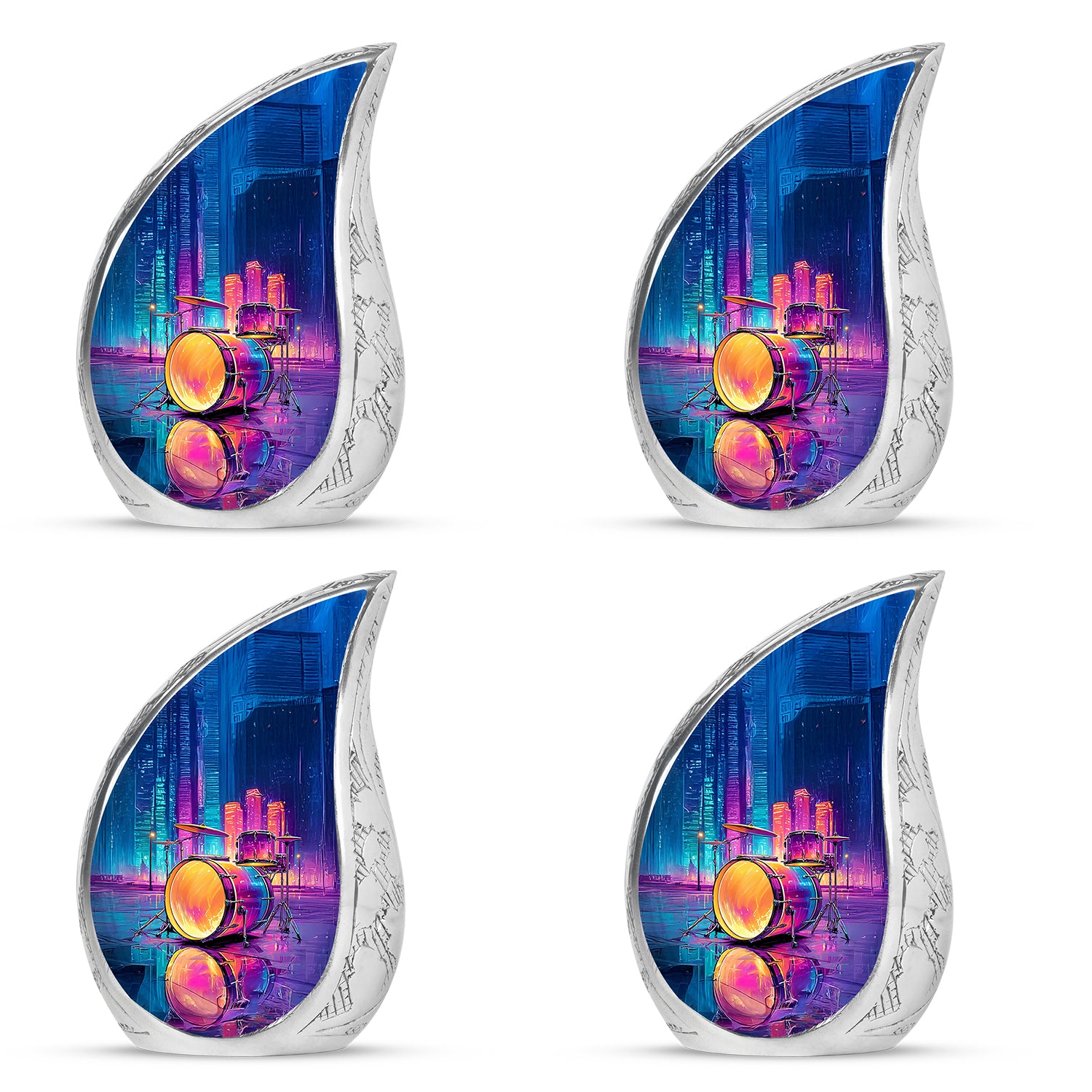 Slate Blue Drums Cremation Urn close-up of engraving and surface detail - flowing teardrop drums silhouette on curved aluminum - 10 inch aluminum urn for cremated remains