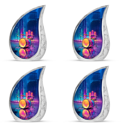 Slate Blue Drums Cremation Urn close-up of engraving and surface detail - flowing teardrop drums silhouette on curved aluminum - 10 inch aluminum urn for cremated remains