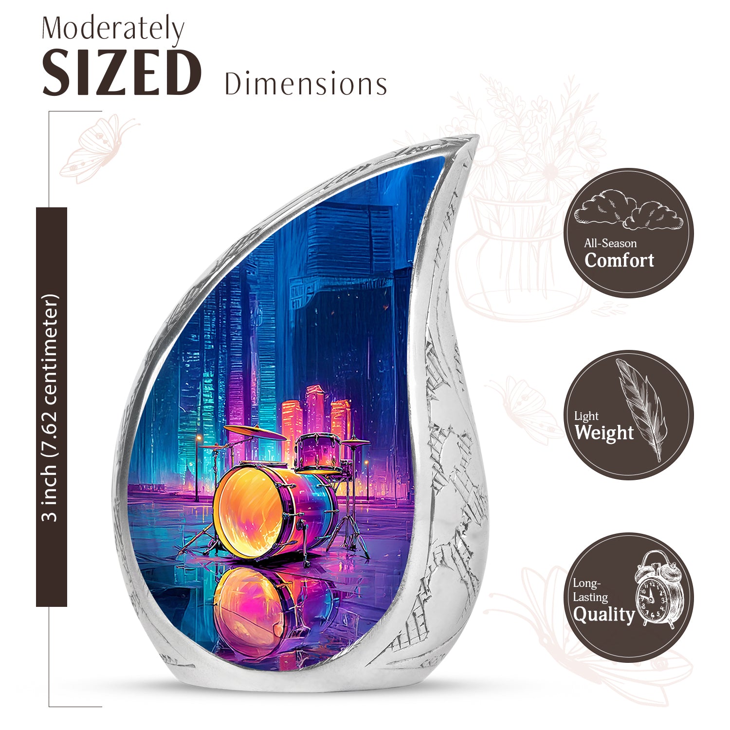 Slate Blue Drums Cremation Urn angled view of lid and engraved motif - flowing teardrop drums silhouette on curved aluminum - mini keepsake memorial for portion of cremation ashes