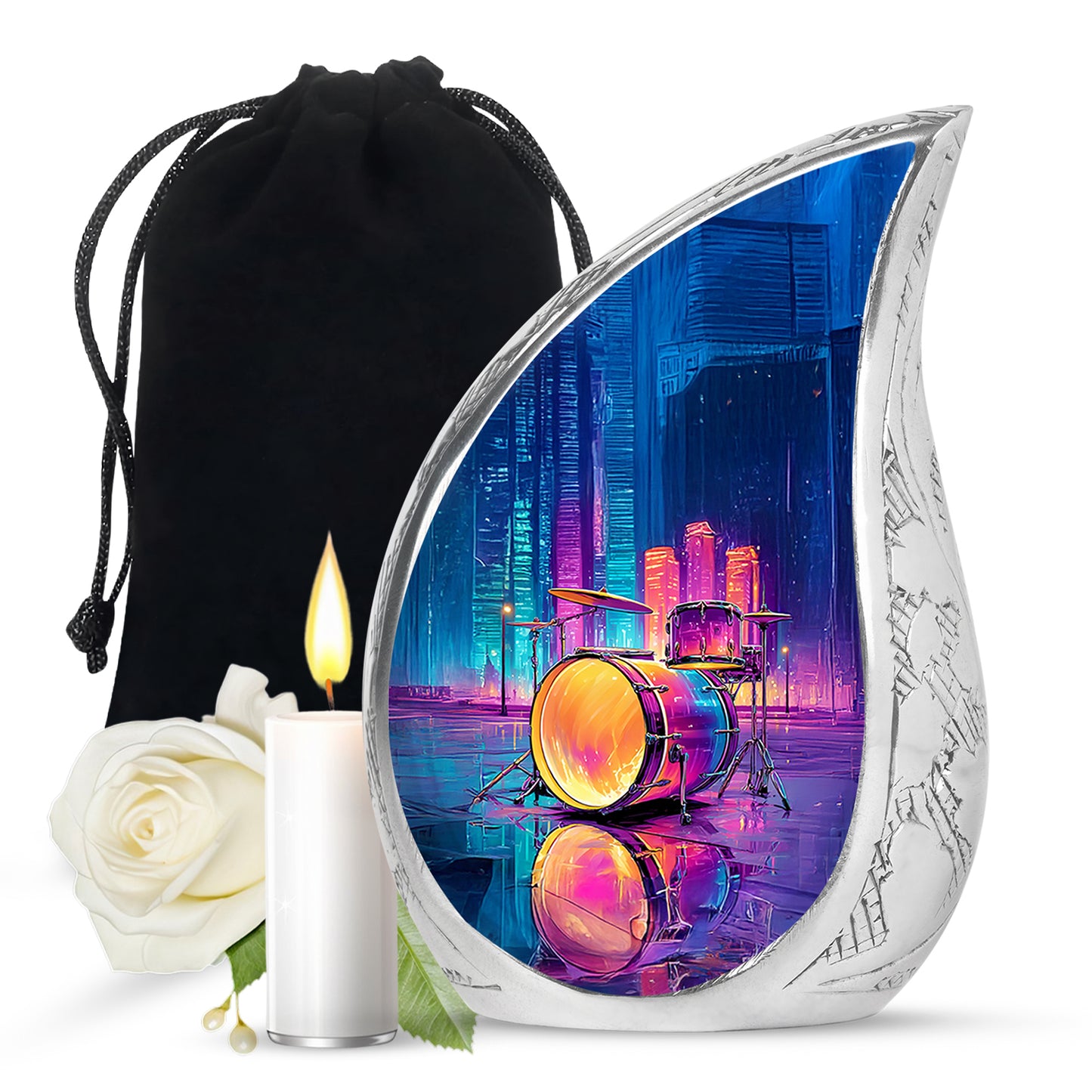 Powder Blue Drums Cremation Urn front view showing detailed design - rounded teardrop drums design with delicate detail - full-size 10 inch 200 cubic inch adult cremation urn