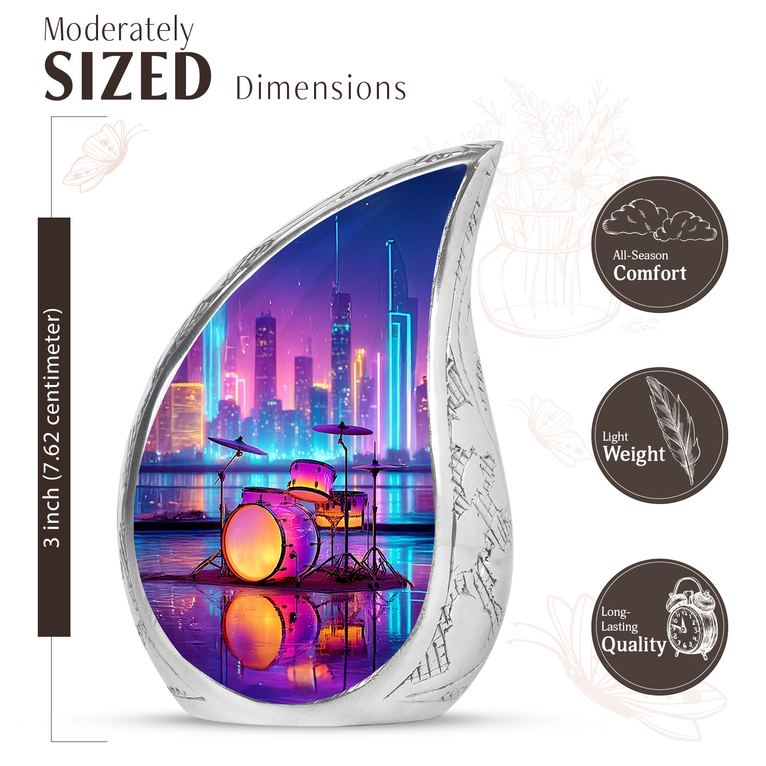 Indigo Drums Cremation Urn angled view of lid and engraved motif - rounded teardrop drums design with delicate detail - mini keepsake memorial for portion of cremation ashes