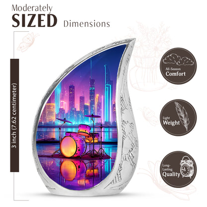 Indigo Drums Cremation Urn angled view of lid and engraved motif - rounded teardrop drums design with delicate detail - mini keepsake memorial for portion of cremation ashes