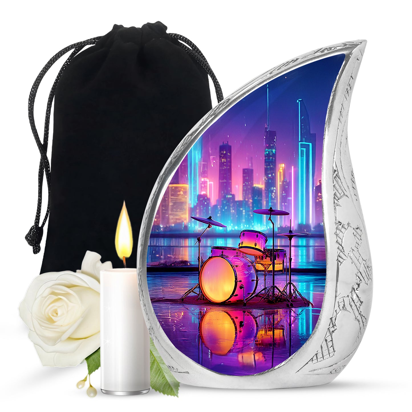 Powder Blue Drums Cremation Urn front view showing detailed design - rounded teardrop drums design with delicate detail - full-size 10 inch 200 cubic inch adult cremation urn