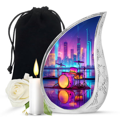 Powder Blue Drums Cremation Urn front view showing detailed design - rounded teardrop drums design with delicate detail - full-size 10 inch 200 cubic inch adult cremation urn