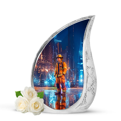 Graceful Blue Firefighter Testament Urn for Human Ashes - 10-inch, 200 cu in - Yatskia