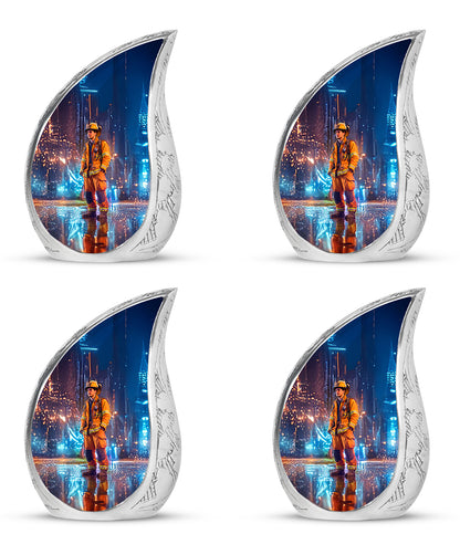 Slate Blue Firefighter Cremation Urn close-up of engraving and surface detail - rounded teardrop firefighter design with delicate detail - 10 inch aluminum urn for cremated remains
