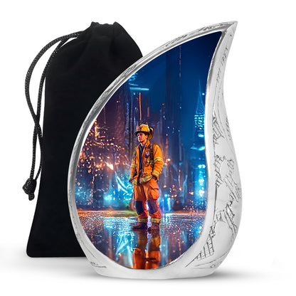Dusty Blue Firefighter Cremation Urn front view showing detailed design - flowing teardrop firefighter silhouette on curved aluminum - full-size 10 inch 200 cubic inch adult cremation urn