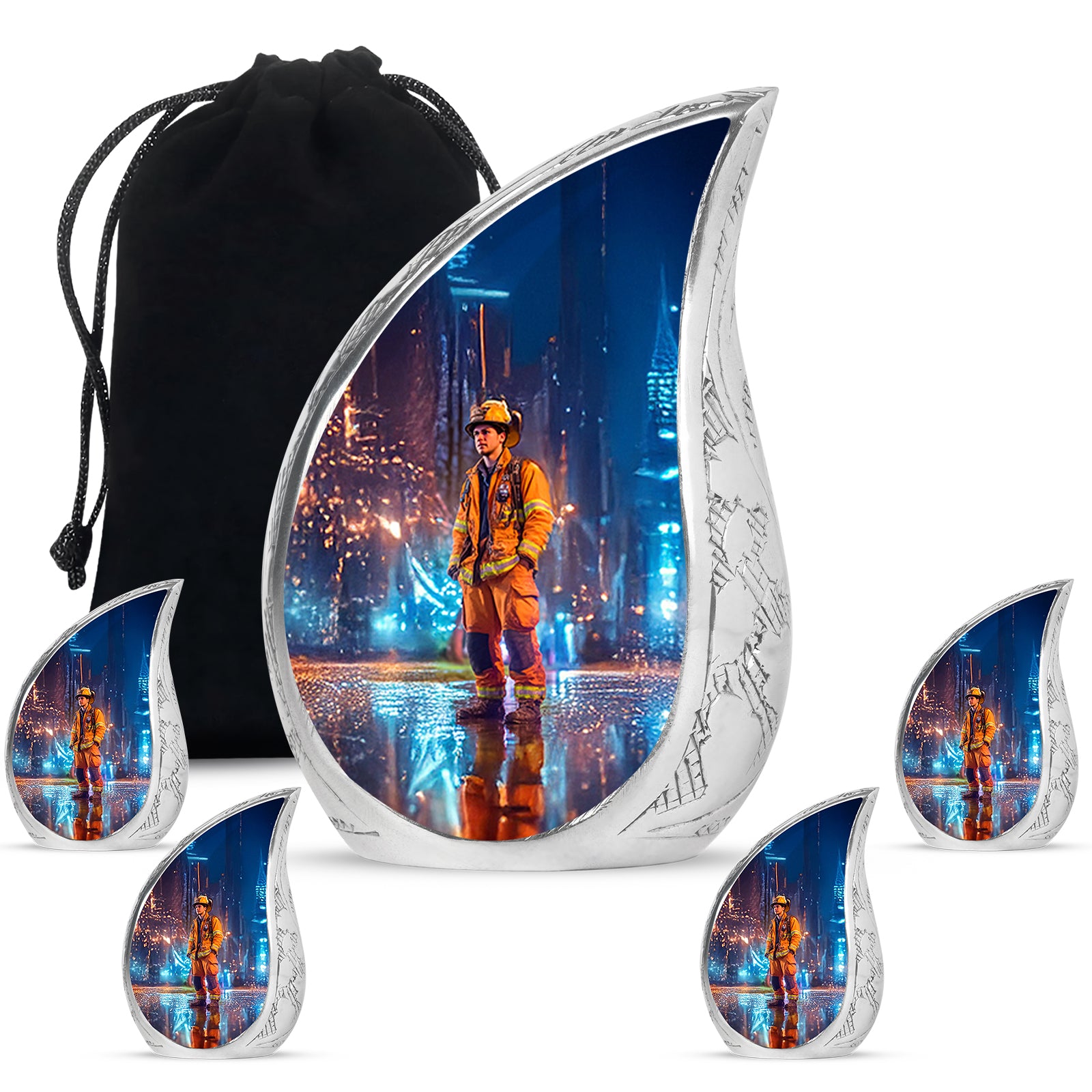Royal Blue Firefighter Cremation Urn side profile showing urn shape - graceful tear-shaped urn with firefighter motif - memorial set with one large and four small urns