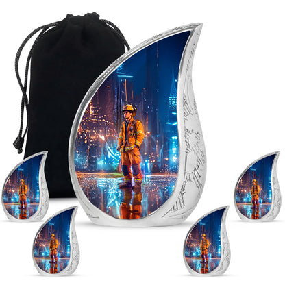 Royal Blue Firefighter Cremation Urn side profile showing urn shape - graceful tear-shaped urn with firefighter motif - memorial set with one large and four small urns