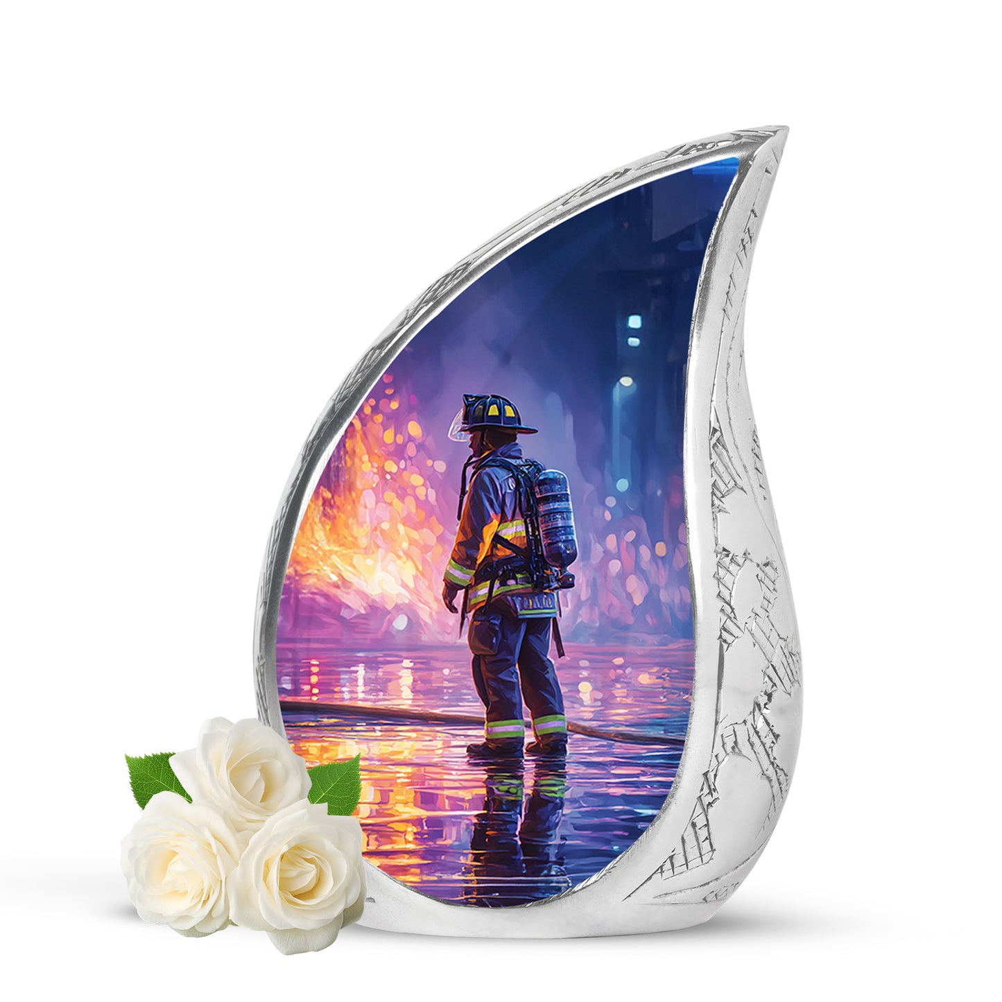 Blue Venerable Firefighter Cremation Urns for Human Ashes - 10-inch, 200 cu in - Yatskia