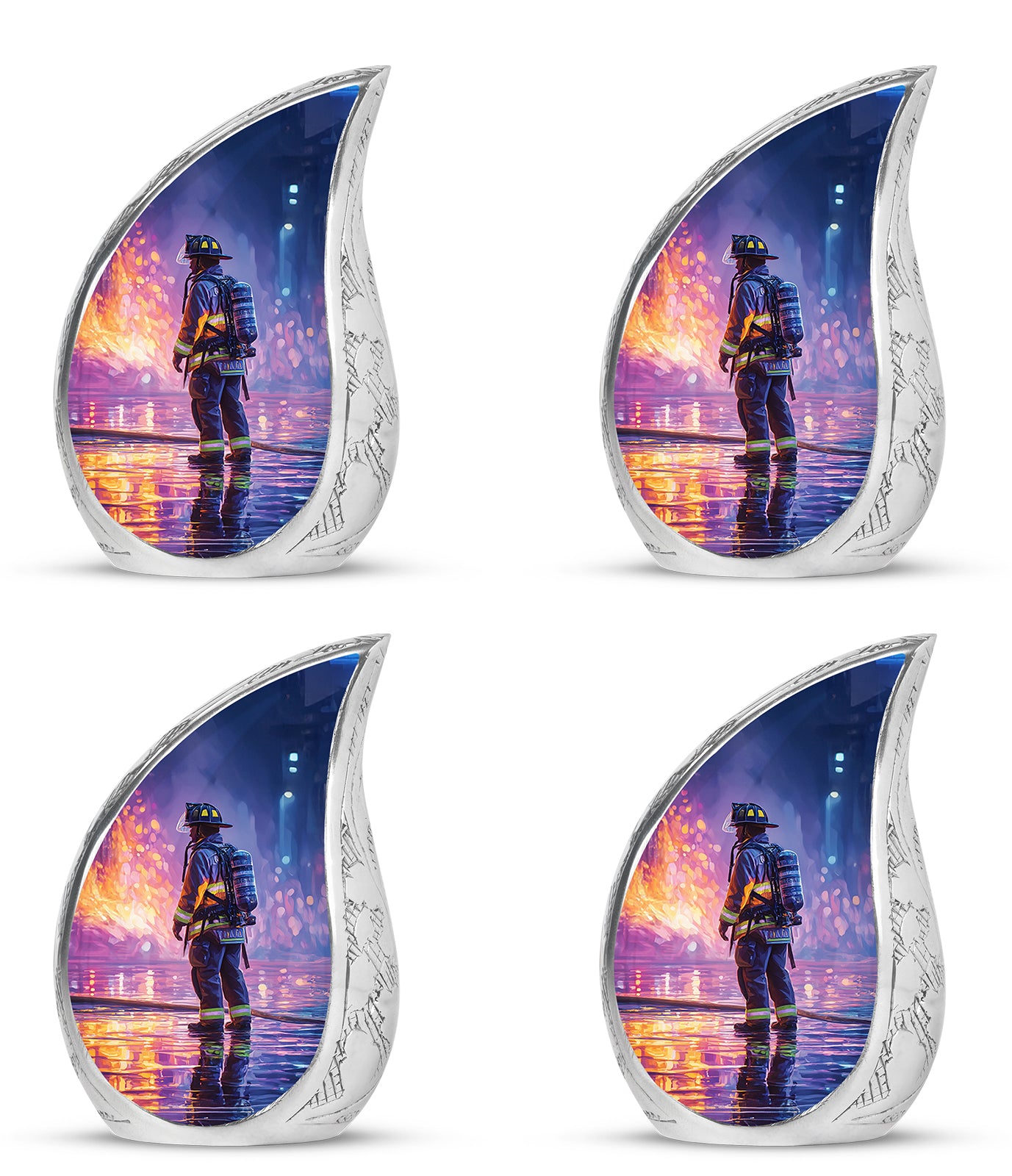 Cobalt Blue Firefighter Cremation Urn close-up of engraving and surface detail - smooth teardrop contour featuring firefighter art - 10 inch aluminum urn for cremated remains