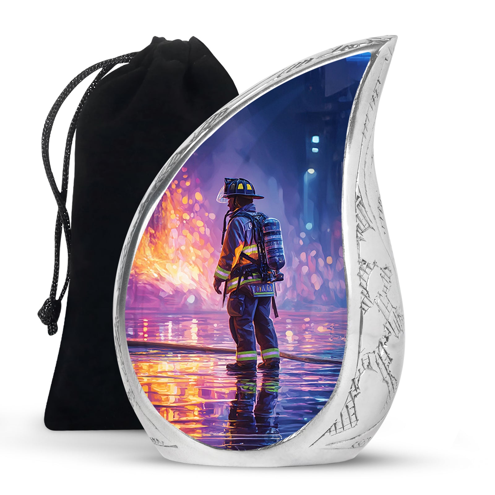 Cornflower Blue Firefighter Cremation Urn front view showing detailed design - graceful tear-shaped urn with firefighter motif - full-size 10 inch 200 cubic inch adult cremation urn