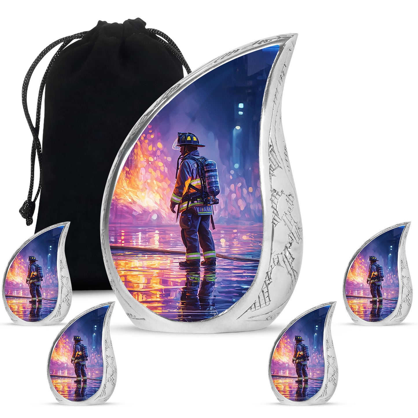 Misty Blue Firefighter Cremation Urn side profile showing urn shape - rounded teardrop firefighter design with delicate detail - memorial set with one large and four small urns