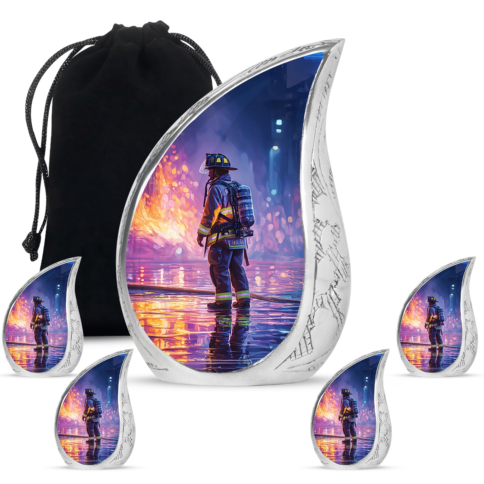Misty Blue Firefighter Cremation Urn side profile showing urn shape - rounded teardrop firefighter design with delicate detail - memorial set with one large and four small urns