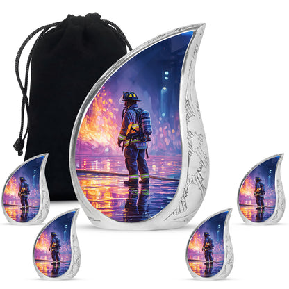 Misty Blue Firefighter Cremation Urn side profile showing urn shape - rounded teardrop firefighter design with delicate detail - memorial set with one large and four small urns
