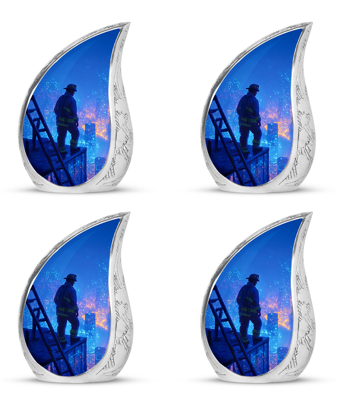 Slate Blue Firefighter Cremation Urn close-up of engraving and surface detail - flowing teardrop firefighter silhouette on curved aluminum - 10 inch aluminum urn for cremated remains