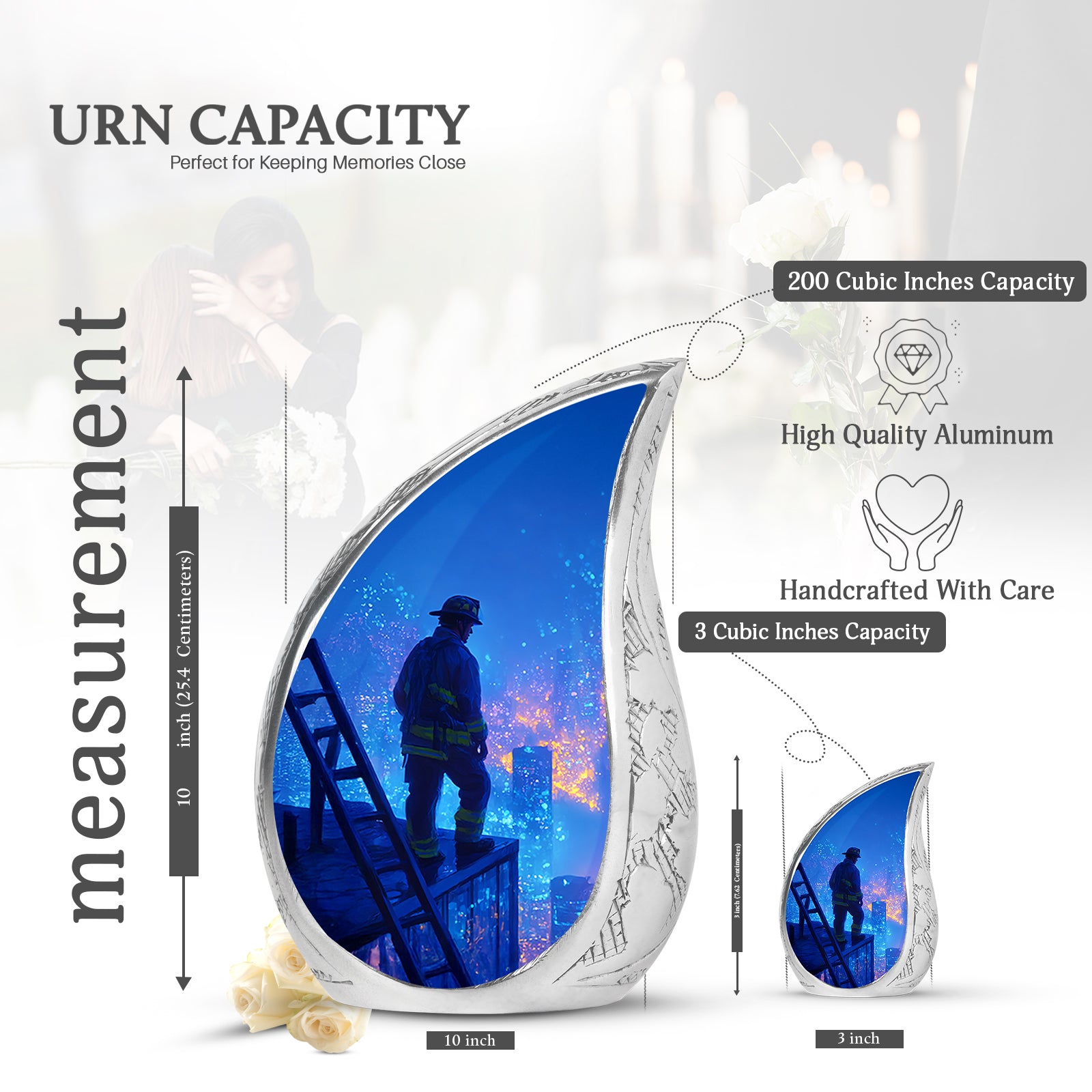 Soft Blue Firefighter Cremation Urn angled view of lid and engraved motif - smooth teardrop contour featuring firefighter art - mini keepsake memorial for portion of cremation ashes