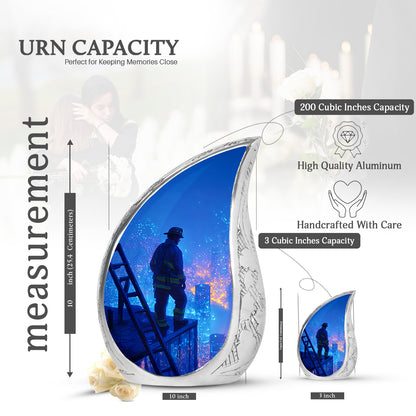 Soft Blue Firefighter Cremation Urn angled view of lid and engraved motif - smooth teardrop contour featuring firefighter art - mini keepsake memorial for portion of cremation ashes