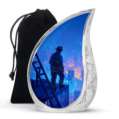 Sapphire Blue Firefighter Cremation Urn front view showing detailed design - graceful tear-shaped urn with firefighter motif - full-size 10 inch 200 cubic inch adult cremation urn