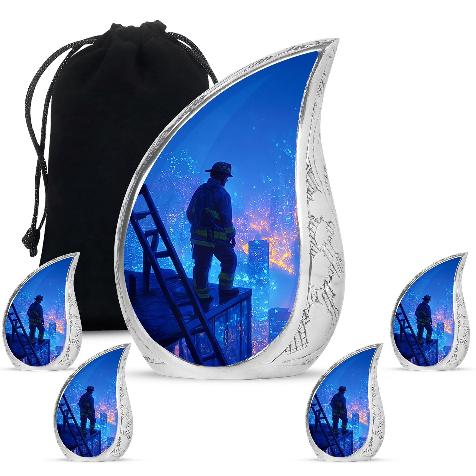 Indigo Firefighter Cremation Urn side profile showing urn shape - rounded teardrop firefighter design with delicate detail - memorial set with one large and four small urns