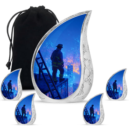 Indigo Firefighter Cremation Urn side profile showing urn shape - rounded teardrop firefighter design with delicate detail - memorial set with one large and four small urns