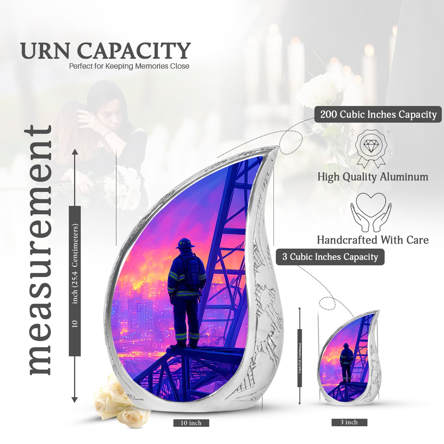 Navy Blue Firefighter Cremation Urn angled view of lid and engraved motif - rounded teardrop firefighter design with delicate detail - mini keepsake memorial for portion of cremation ashes