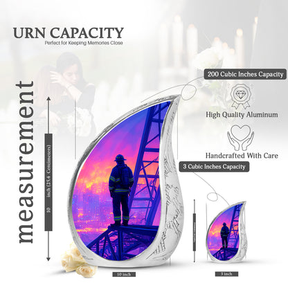 Navy Blue Firefighter Cremation Urn angled view of lid and engraved motif - rounded teardrop firefighter design with delicate detail - mini keepsake memorial for portion of cremation ashes