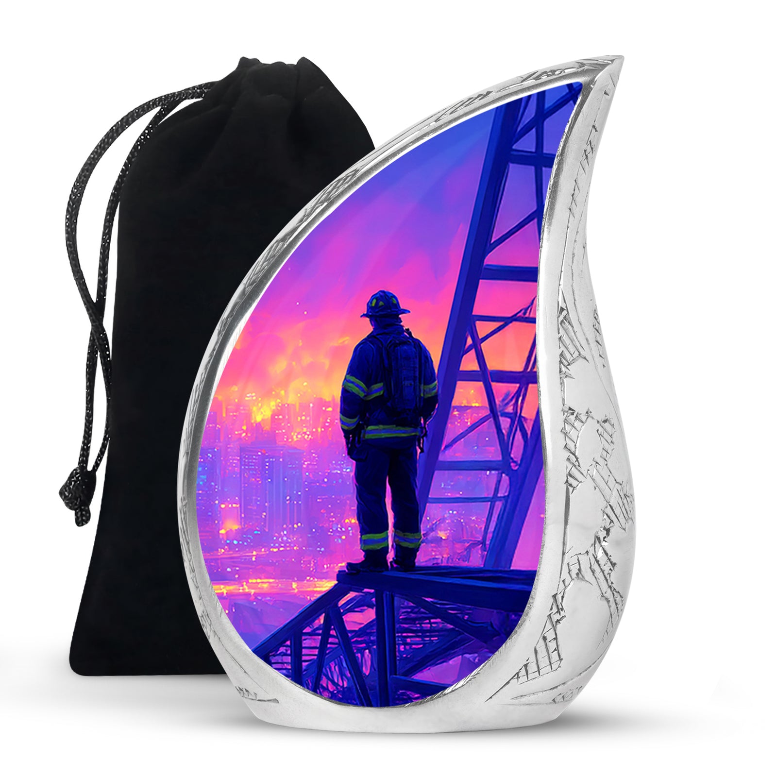 Twilight Blue Firefighter Cremation Urn front view showing detailed design - smooth teardrop contour featuring firefighter art - full-size 10 inch 200 cubic inch adult cremation urn