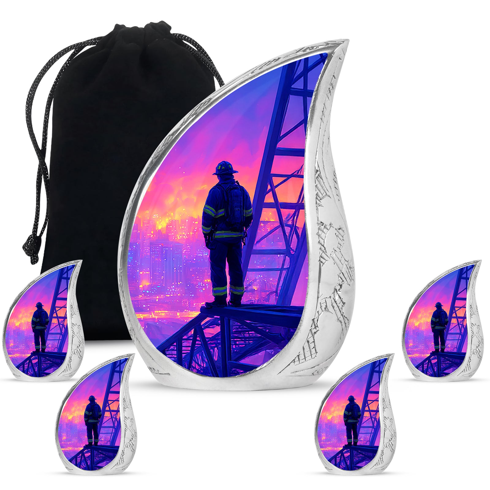 Navy Blue Firefighter Cremation Urn side profile showing urn shape - rounded teardrop firefighter design with delicate detail - memorial set with one large and four small urns