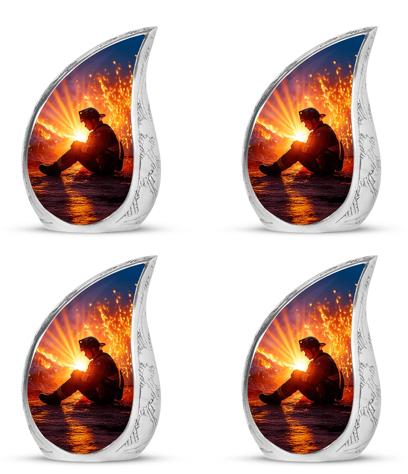 Indigo Firefighter Cremation Urn close-up of engraving and surface detail - flowing teardrop firefighter silhouette on curved aluminum - 10 inch aluminum urn for cremated remains