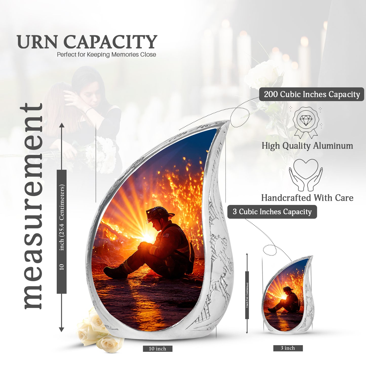 Azure Firefighter Cremation Urn angled view of lid and engraved motif - flowing teardrop firefighter silhouette on curved aluminum - mini keepsake memorial for portion of cremation ashes