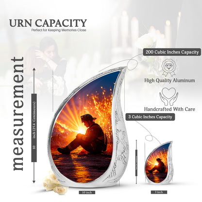 Azure Firefighter Cremation Urn angled view of lid and engraved motif - flowing teardrop firefighter silhouette on curved aluminum - mini keepsake memorial for portion of cremation ashes