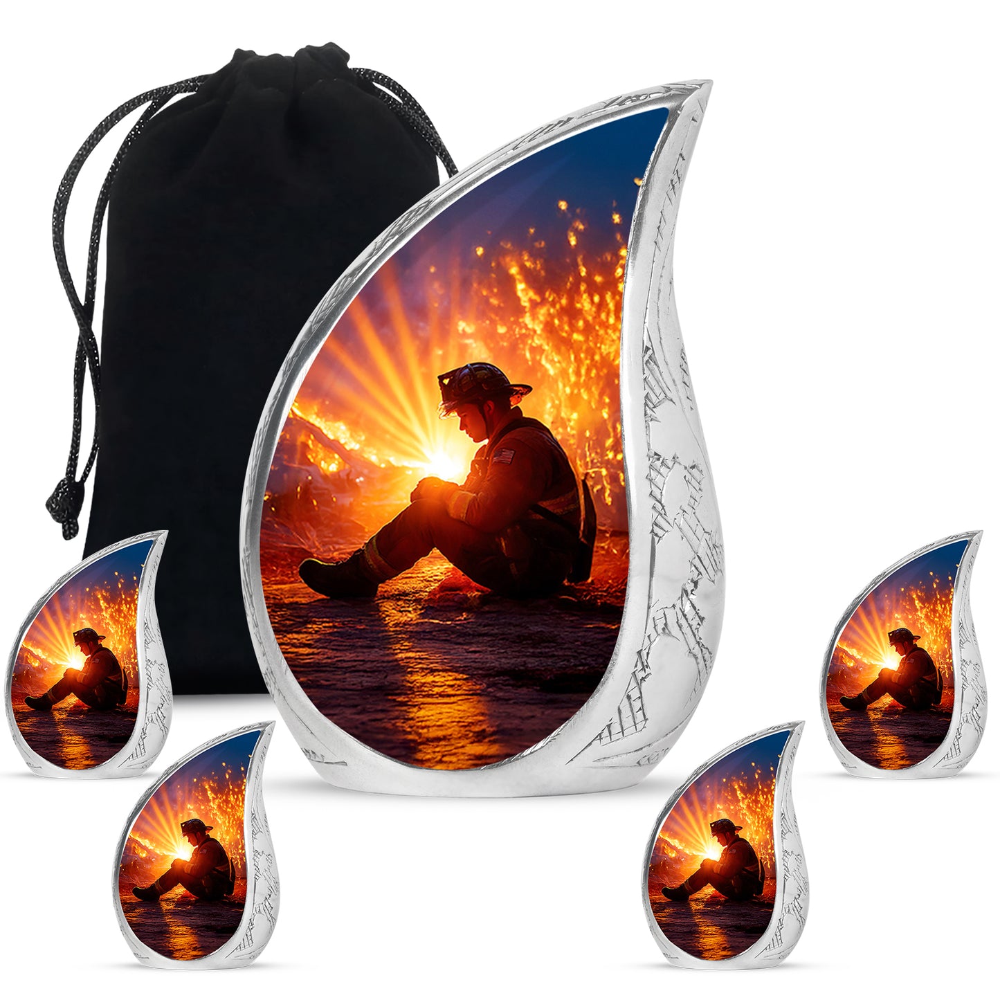 Dusty Blue Firefighter Cremation Urn side profile showing urn shape - flowing teardrop firefighter silhouette on curved aluminum - memorial set with one large and four small urns