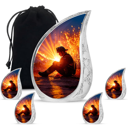 Dusty Blue Firefighter Cremation Urn side profile showing urn shape - flowing teardrop firefighter silhouette on curved aluminum - memorial set with one large and four small urns