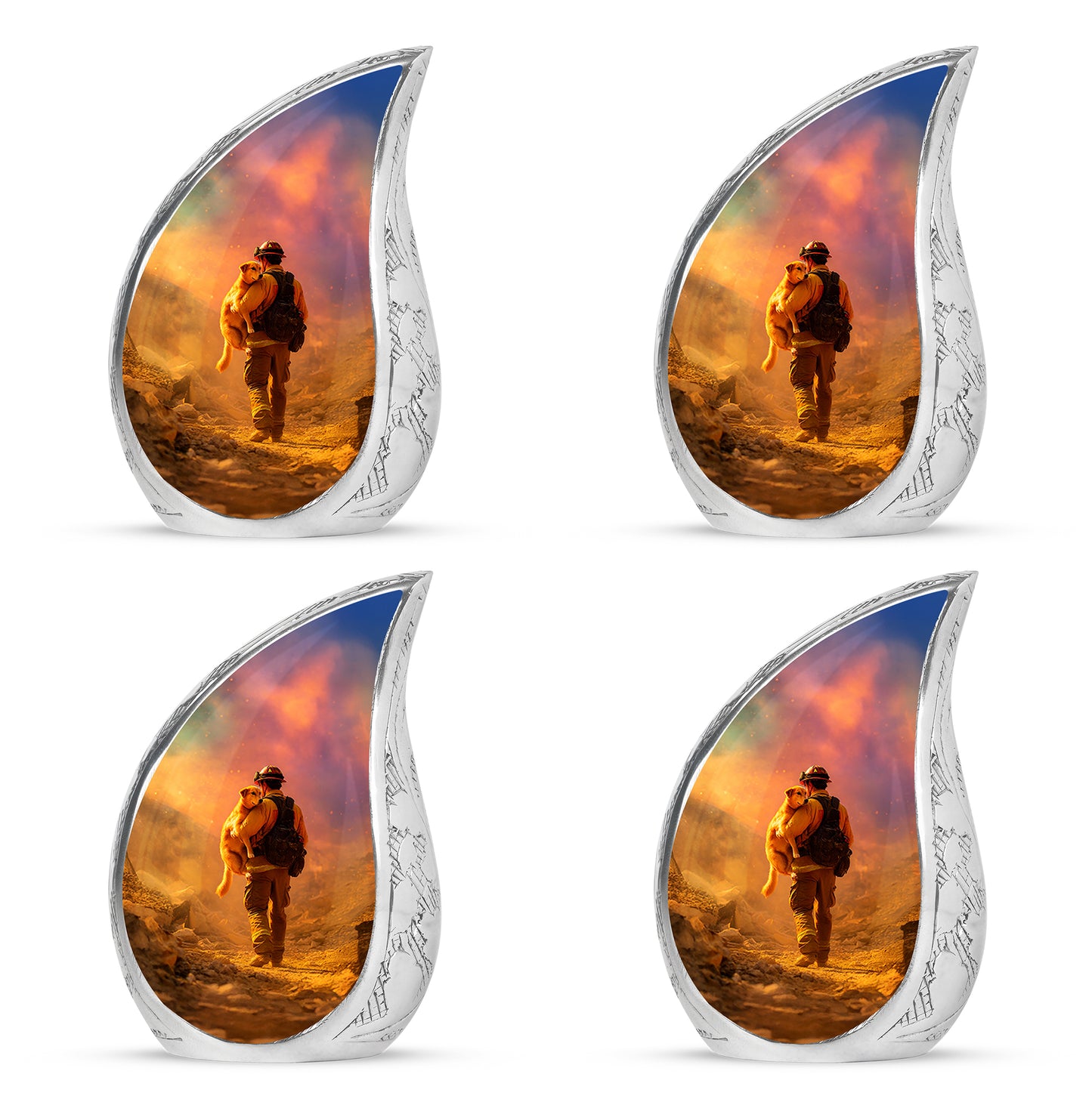 Harvest Gold Firefighter Cremation Urn close-up of engraving and surface detail - graceful tear-shaped urn with firefighter motif - 10 inch aluminum urn for cremated remains