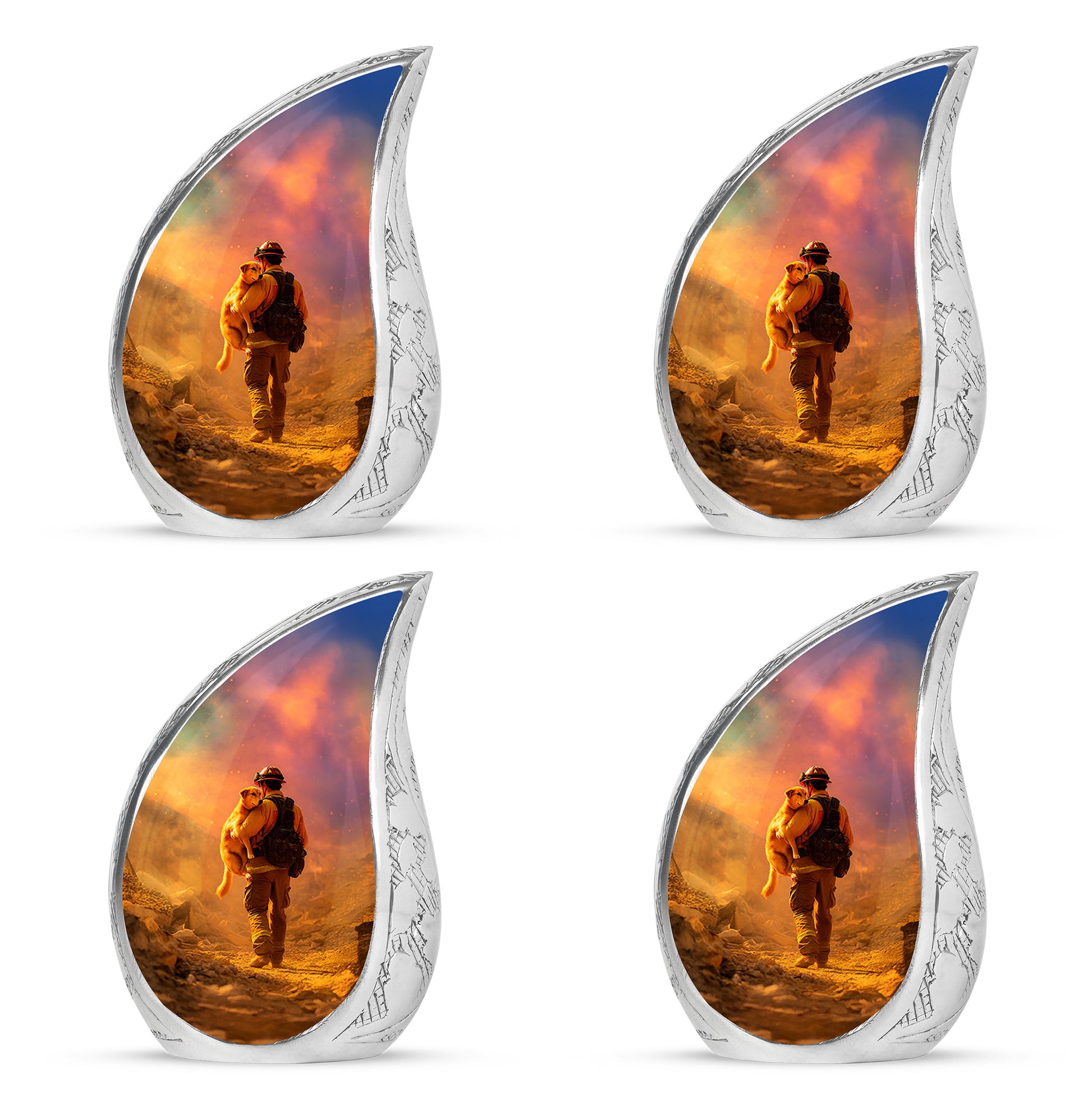 Harvest Gold Firefighter Cremation Urn close-up of engraving and surface detail - graceful tear-shaped urn with firefighter motif - 10 inch aluminum urn for cremated remains
