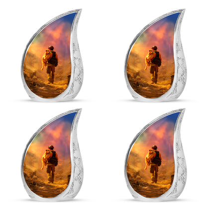 Harvest Gold Firefighter Cremation Urn close-up of engraving and surface detail - graceful tear-shaped urn with firefighter motif - 10 inch aluminum urn for cremated remains