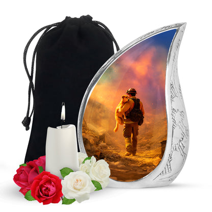 Champagne Gold Firefighter Cremation Urn front view showing detailed design - flowing teardrop firefighter silhouette on curved aluminum - full-size 10 inch 200 cubic inch adult cremation urn