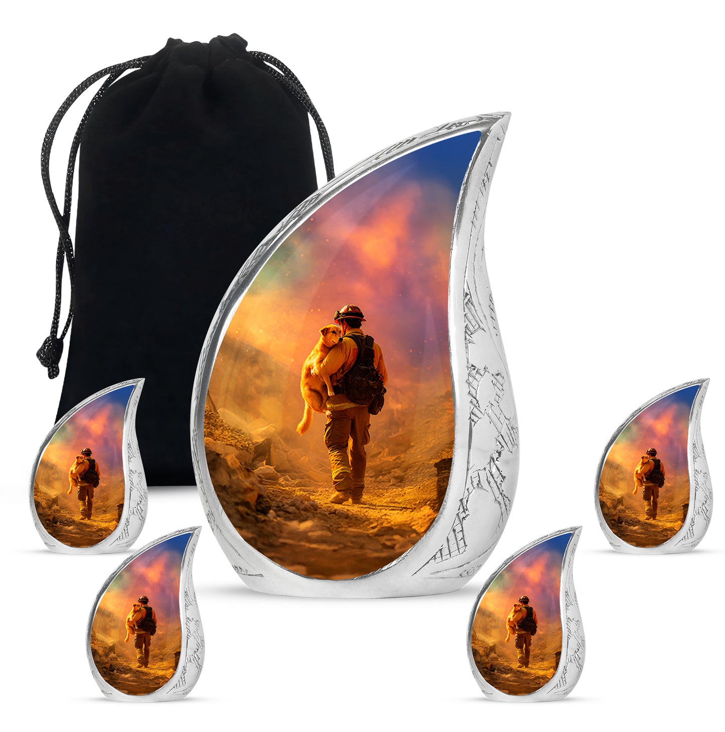 Harvest Gold Firefighter Cremation Urn side profile showing urn shape - graceful tear-shaped urn with firefighter motif - memorial set with one large and four small urns