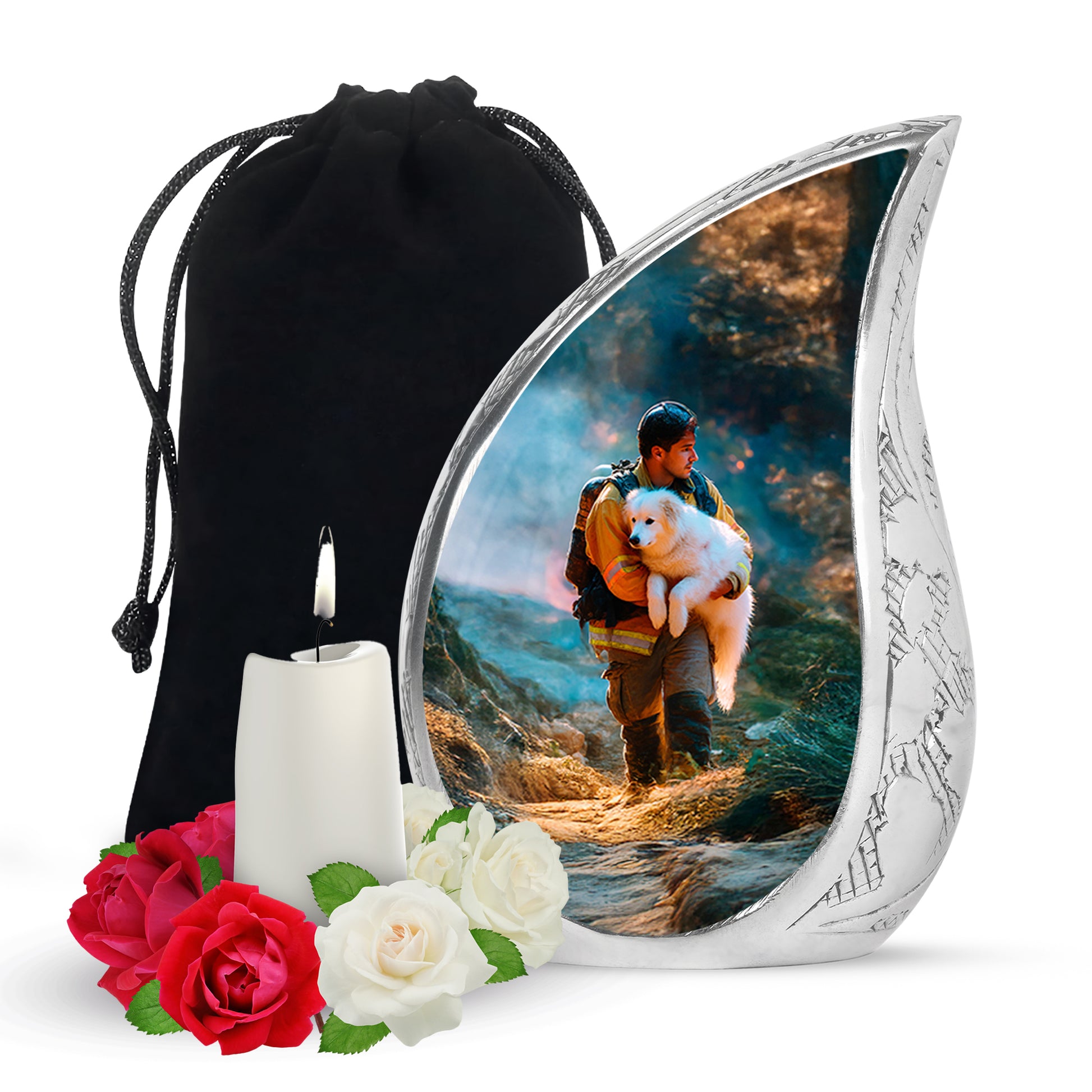 Aqua Teal Firefighter Cremation Urn front view showing detailed design - graceful tear-shaped urn with firefighter motif - full-size 10 inch 200 cubic inch adult cremation urn